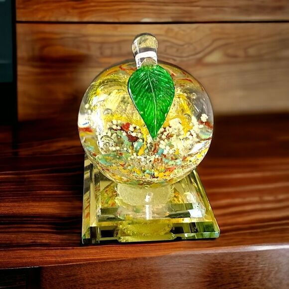 Handblown Apple Paperweight Art Glass Pedestal Multi Colored Bubbles TINY FLAW. - Picture 15 of 16